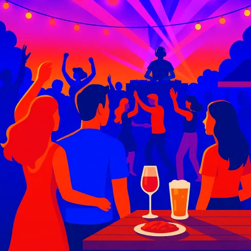Eine fröhliche Feier mit tanzenden Menschen unter bunten Lichtern. Im Vordergrund stehen Getränke und Snacks auf einem Tisch.