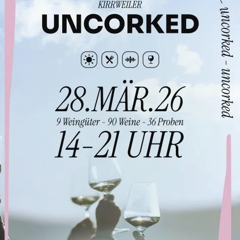 Ein Werbeplakat für eine Weinprobe namens "Uncorked". Das Event findet am 28. März 2026 statt und bietet 90 Weine von neun Winzern an.