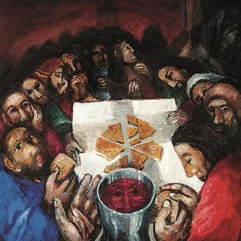 Eine dramatische Darstellung des letzten Abendmahls mit mehreren Personen um einen Tisch. Der Tisch ist mit Brot und einem Kelch Rotwein gedeckt.