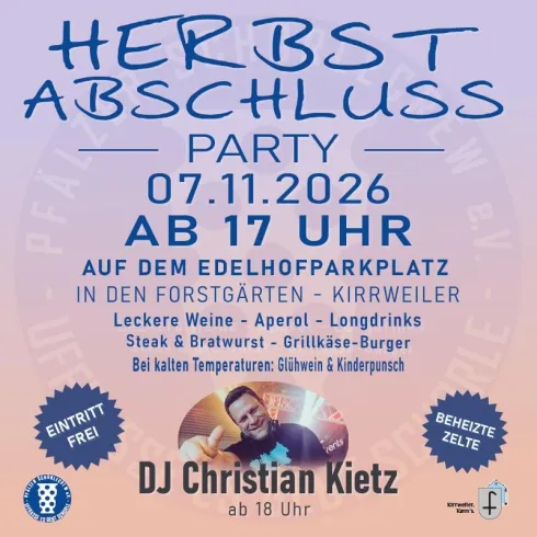 Ein einladendes Plakat für eine Herbstabschlussfeier. Es zeigt Informationen zu Datum, Uhrzeit und Angeboten wie Wein, Snacks und Musik von DJ Christian Kietz.