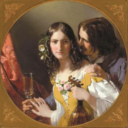 Ein Paar in historischer Kleidung, das sich liebevoll anschaut. Die Frau trägt eine gelbe Bluse mit Blumen, während der Mann ihr nahe ist und ein Musikinstrument hält.