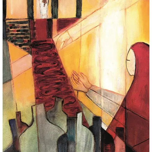 Eine abstrakte Darstellung mit einer weiblichen Figur und einem leuchtenden Licht. Im Hintergrund sind Flaschen und ein roter Teppich zu sehen.