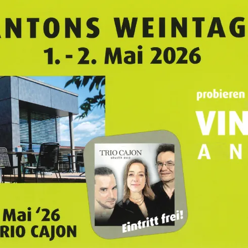 Ein Eventflyer für Antons Weintage am 1. und 2. Mai 2026. Live-Musik mit dem Trio Cajon und Hinweise zur Vinothek.