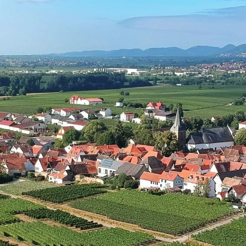 Eine malerische Ansicht eines Dorfes mit roten Dächern und grünen Feldern. Im Hintergrund sind sanfte Hügel und ein klarer Himmel zu sehen.