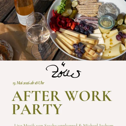 Ein einladendes Partyplakat für eine After Work Party mit feinen Snacks und Getränken. Es zeigt eine Übersicht über das Event, inklusive Musik und Datum.