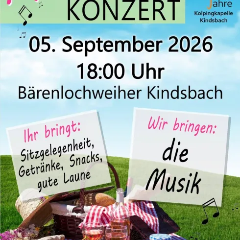Ein Plakat für ein Picknick-Konzert am 5. September 2026 in Bärenlochweiher, Kindsbach. Es lädt ein zu Musik, Snacks und guter Laune.