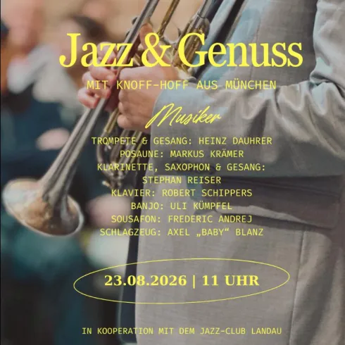 Ein Plakat für ein Jazz-Event mit Informationen zu Musikern und Datum. Die Atmosphäre ist festlich und einladend.