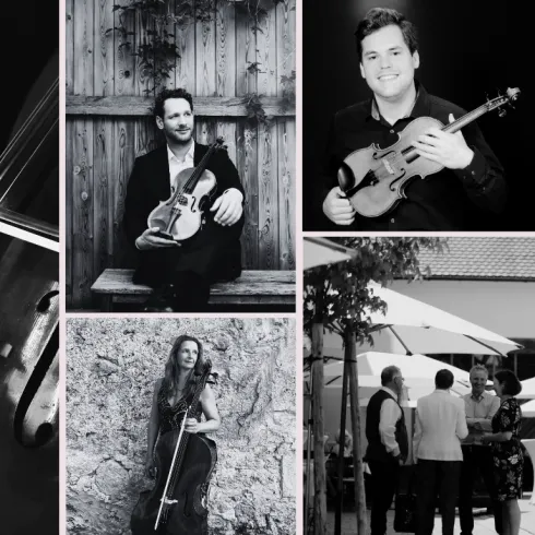 Eine Collage von Musikern, die verschiedene Instrumente halten. In der oberen Reihe sind Männer mit Geigen zu sehen, und in der unteren Reihe steht eine Frau mit einem Cello.