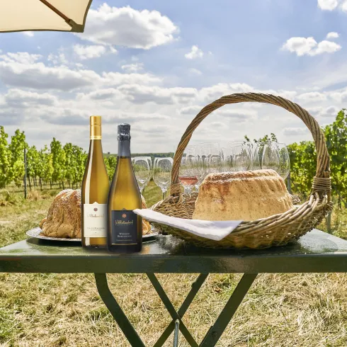 Ein Tisch im Weinberg mit zwei Flaschen Wilhelmshof Sekt und einemGuggelhupf. Im Hintergrund sind grüne Weinreben und ein blauer Himmel mit Wolken zu sehen.