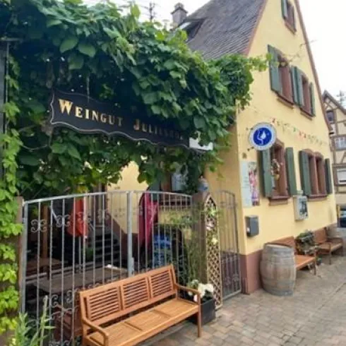 Ein Weinbauernhof mit einer einladenden Fassade und einer grünen Weinrebe. Vor dem Eingang steht eine Holzbank und dekorative Elemente sind sichtbar.