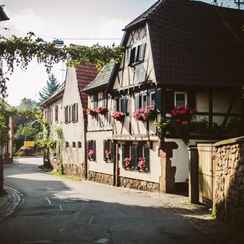 Eine charmante Straße mit traditionellen Fachwerkhäusern. Bunte Blumen schmücken die Fenster und verleihen der Szene ein einladendes Ambiente.