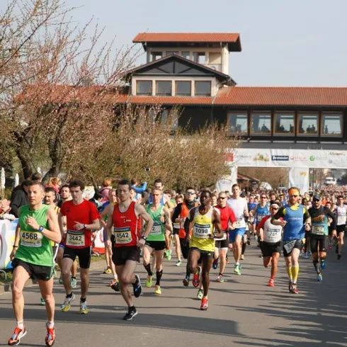 Eine Laufveranstaltung mit vielen Teilnehmern in bunten Sportbekleidungen. Zuschauer applaudieren entlang der Strecke.