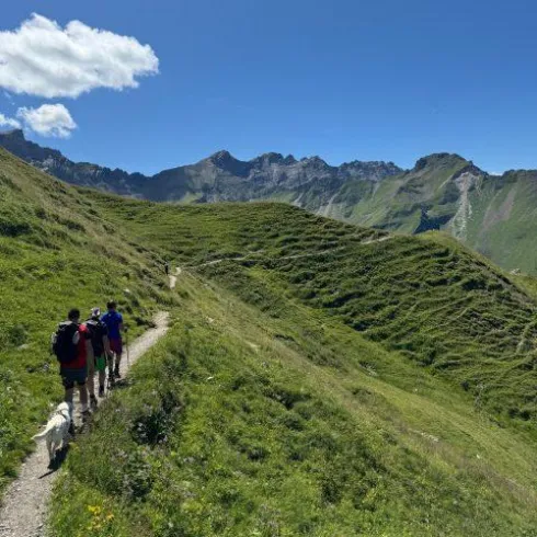 Eine Gruppe von Wanderern geht auf einem schmalen Pfad durch grüne Hügel. Im Hintergrund sind beeindruckende Berge und ein blauer Himmel zu sehen.