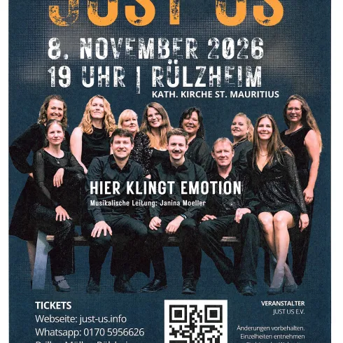 Ein Plakat für ein Konzert "Just Us" mit Informationen zu Datum, Uhrzeit und Ort. Es zeigt eine Gruppe von Sängern auf einer Bühne, die Musik aus den Genres Gospel und Pop präsentieren.
