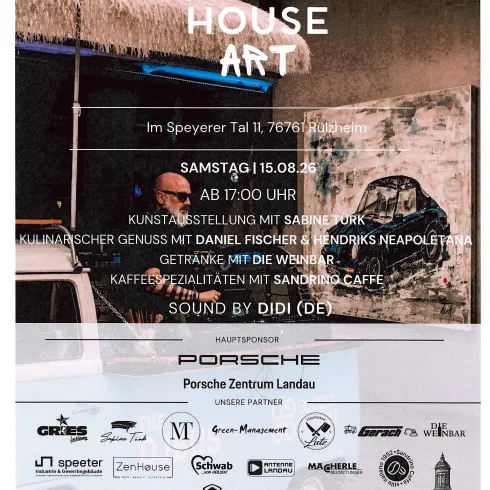 Ein Veranstaltungsposter für "HOUSE ART" in Rheinfels. Es enthält Informationen zu einer Kunstausstellung, kulinarischen Genüssen und Musik.