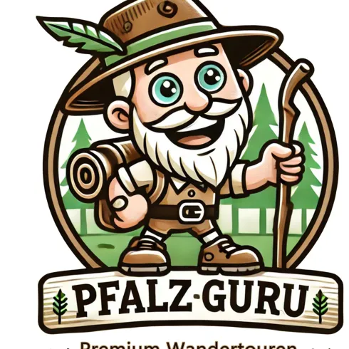 Ein fröhlicher Wanderer mit einem Hut, einem Stock und einem Rucksack. Das Logo gehört zu "Pfalz-Guru", das Premium-Wandertouren anbietet.