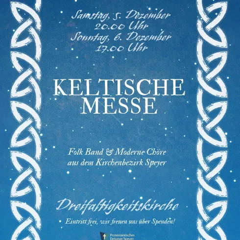 Ein blauer Hintergrund mit einem dekorativen Muster aus Knoten. Ankündigung einer keltischen Messe mit Terminen und Informationen zu einer Folk-Band.