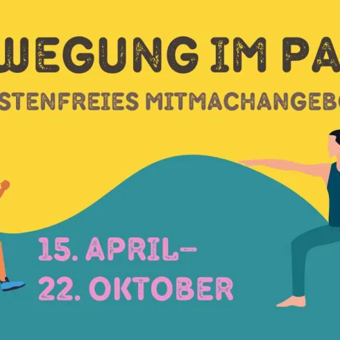 Ein buntes Plakat für ein kostenloses Bewegungsangebot im Park. Die Veranstaltung findet vom 15. April bis 22. Oktober statt.