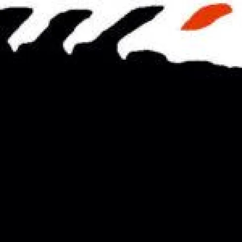 Ein stilisiertes, schwarzes Bild mit abgerundeten Formen und einem roten Akzent. Es hat eine moderne und abstrakte Darstellung.