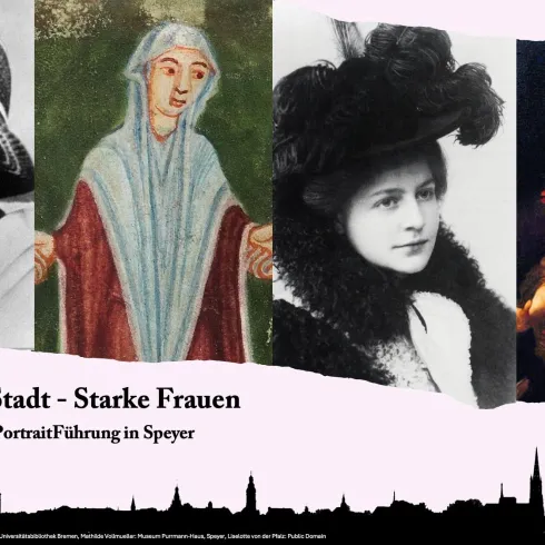 Das Bild zeigt eine Collage von vier Frauenporträts aus verschiedenen Epochen. Der Text thematisiert starke Frauen in Speyer.