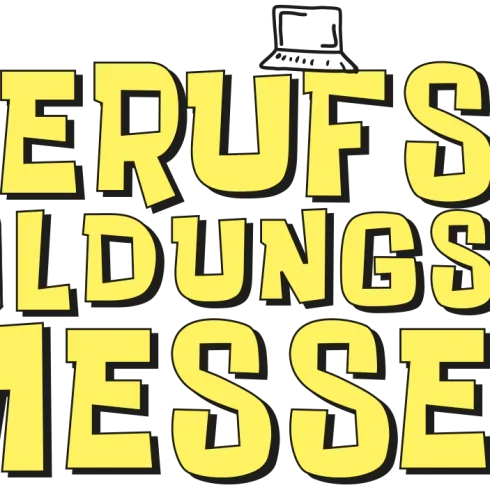 Eine bunte Grafik mit dem Text "Berufs- und Bildungsmesse". Der Schriftzug ist kreativ gestaltet und vermittelt einen einladenden Eindruck.