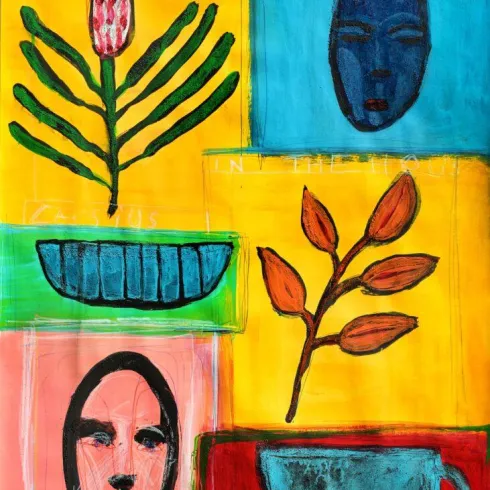Ein bunter Ausdruck von Kunst mit Pflanzen, Gesichtern und einer Tasse. Die lebendigen Farben schaffen eine dynamische Komposition.