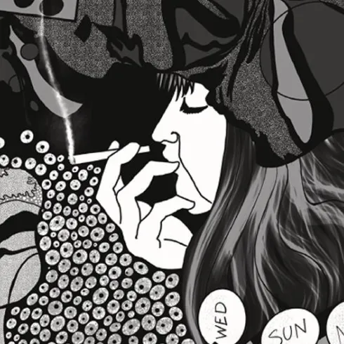 Eine stilisierte Illustration einer Frau, die eine Zigarette raucht. Ihr Gesicht ist in Schwarz-Weiß gehalten, umgeben von künstlerischen Mustern und Text.