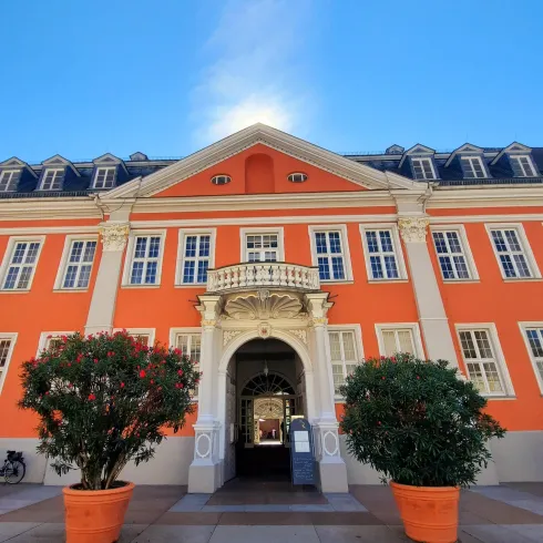 Ein historisches Gebäude mit einer auffälligen orangefarbenen Fassade. Vor dem Eingang stehen große Pflanzen in Töpfen.