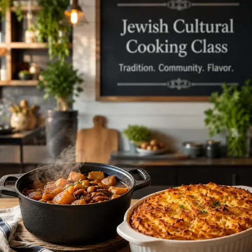 Ein gemütlicher Kochraum mit einem schwarzen Topf dampfendem Eintopf und einem Auflauf in einer weißen Auflaufform. Im Hintergrund steht ein Schild mit der Aufschrift „Jewish Cultural Cooking Class“.