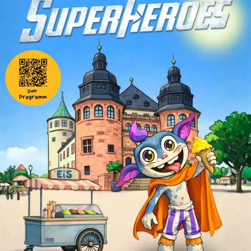 Ein bunter Comic-Charakter in einem Superhelden-Kostüm steht vor einem historischen Gebäude. Im Hintergrund sieht man einen Eiswagen und einen klaren Himmel.