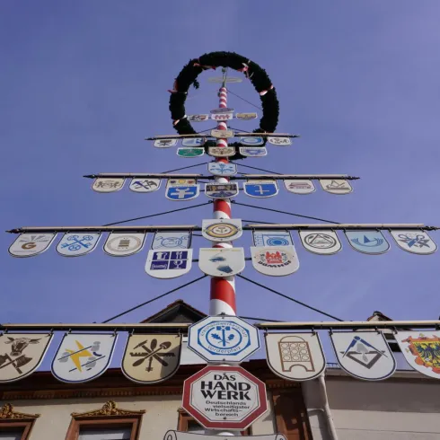 Ein bunter Maibaum mit verschiedenen Wappen und Symbolen steht vor einem Gebäude. Der Himmel ist klar und blau.
