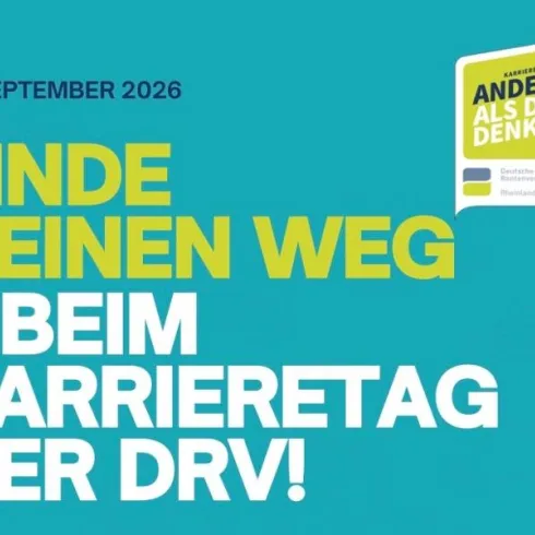 Ein auffälliges Plakat in Türkis mit dem Text „Finde deinen Weg – beim Karrieretag der DRV!“ Es enthält das Datum 12. September 2026 und ein Logo.