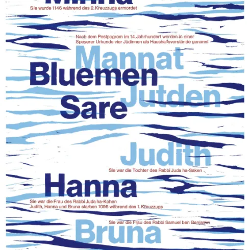 Das Bild zeigt einen gestreiften Hintergrund in Blau mit einigen Namen in großen Buchstaben. Darunter befindet sich eine kurze Beschreibung zu historischen Figuren.