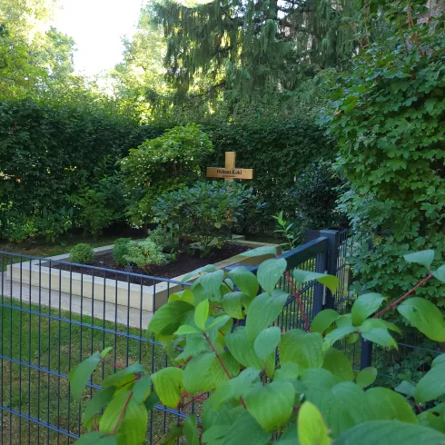 Ein ruhiger Garten mit einem kleinen Grab und einem einfachen Kreuz. Umgeben von grünen Sträuchern und Pflanzen.