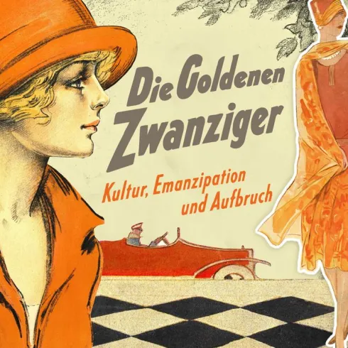 Das Bild zeigt eine stilisierte Darstellung aus den goldenen Zwanzigern mit einer Frau in einem orangefarbenen Hut. Im Hintergrund sind weitere Figuren und grafische Elemente zu sehen, die eine nostalgische Atmosphäre vermitteln.