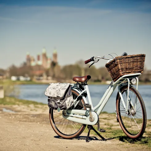 Ein schönes Fahrrad mit einem Korb steht am Ufer eines Flusses. Im Hintergrund sind Bäume und eine historische Architektur zu sehen.