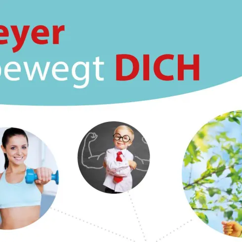 Das Bild zeigt verschiedene aktive Menschen, die Fitness und Gesundheit fördern. Es repräsentiert die Botschaft "Speyer bewegt DICH".