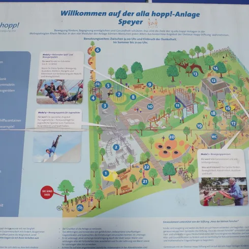 Eine Übersichtskarte der alla hopp! Anlage in Speyer. Es zeigt die verschiedenen Bereiche und Attraktionen des Freizeitparks.