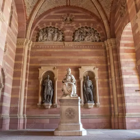 Ein prächtiger Innenraum mit einer Statue in der Mitte und zwei beeindruckenden Skulpturen an den Seiten. Die Wände sind in warmen Farbtönen mit detaillierten Verzierungen gestaltet.