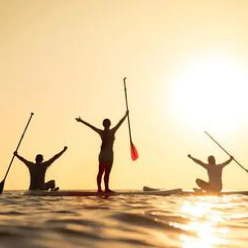 Drei Personen stehen auf Paddleboards im Wasser und heben die Arme in den Sonnenuntergang. Die Silhouetten strahlen Freude und Freiheit aus.