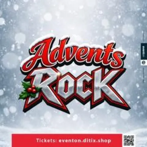 Ein festliches Design mit dem Schriftzug "Advents Rock". Der Hintergrund zeigt einen schneebedeckten, frostigen Effekt.