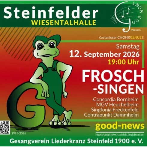 Eine fröhliche Veranstaltungseinladung mit einem cartoonhaften Frosch. Der Termin für das Frosch-Singen ist der 12. September 2026 um 19:00 Uhr in der Wiesenthalhalle.