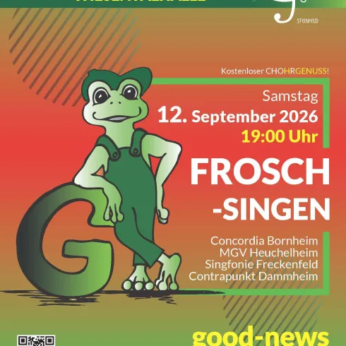 Eine farbenfrohe Veranstaltungsankündigung für ein Frosch-Singen. Die Plakatgestaltung beinhaltet einen fröhlichen Frosch und Details zum Event am 12. September 2026.