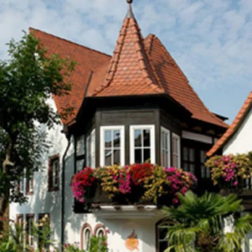 Ein wunderschönes, traditionelles Haus mit einem spitzen Dach und blühenden Balkonkästen. Umgeben von grünen Pflanzen und einem klaren Himmel.