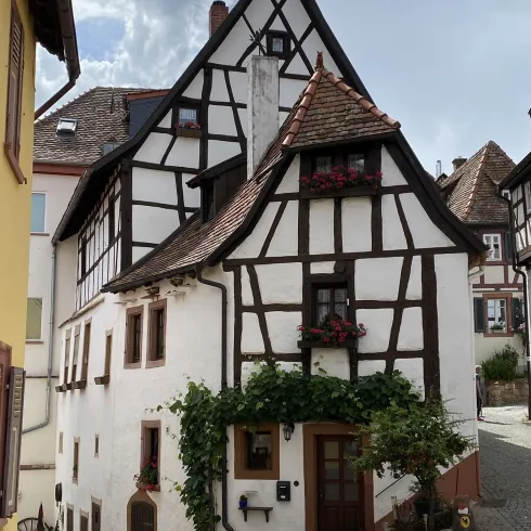 Ein charmantes Fachwerkhaus mit einem spitzen Dach und bunten Blumenfenstern. Die malerische Lage in einer kleinen Gasse verleiht dem Bild einen einladenden Charakter.