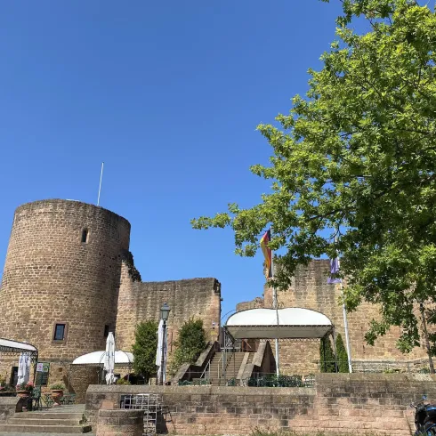 Eine alte Burg mit zwei runden Türmen und einem blauen Himmel. Umgeben von Bäumen und Gaststätten im Freien.