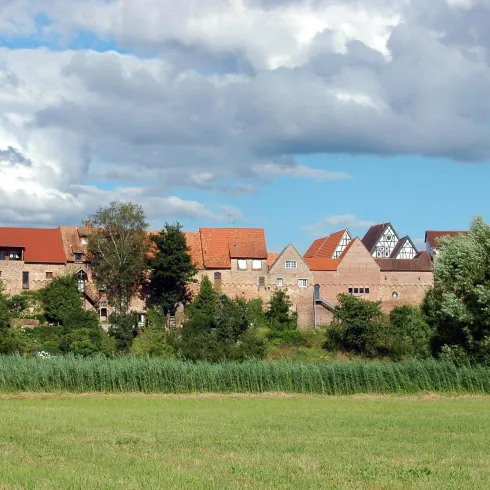 Eine malerische Landschaft mit einem Dorf im Hintergrund und einer Kirche mit spitzem Turm. Der Himmel ist teilweise bewölkt und die Wiesen sind grün.