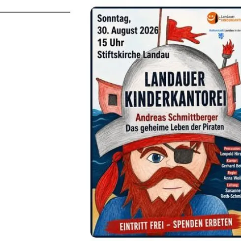 Ein buntes Plakat für ein Kinderkonzert mit dem Titel "Das geheime Leben der Piraten". Es zeigt einen Piraten mit Augenklappe und Hut, begleitet von maritimen Elementen.