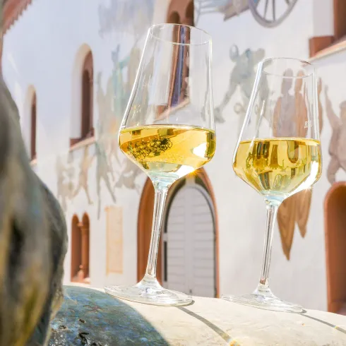 Zwei Weingläser mit weißem Wein stehen vor einer historischen Wandmalerei. Der Hintergrund zeigt eine charmante, alte Gebäudearchitektur.