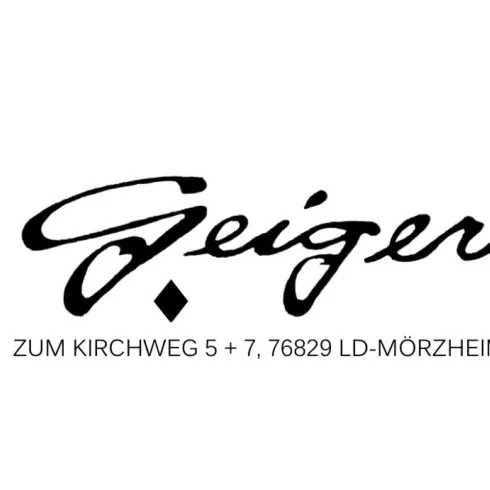 Das Bild zeigt das Logo von Weingut Geiger. Es enthält den Schriftzug und die Adresse des Weinguts in Mörzheim.
